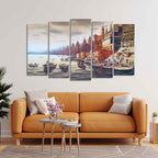Beautiful Ganga Ghat Canvas Wall Painting of Five Pieces