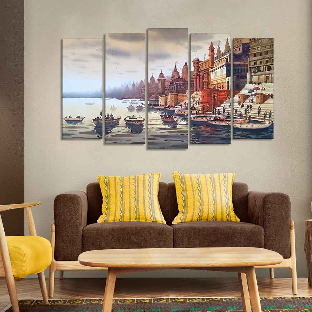 Beautiful Ganga Ghat Canvas Wall Painting of Five Pieces