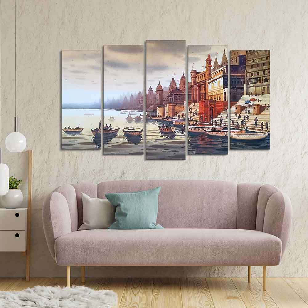Beautiful Ganga Ghat Canvas Wall Painting of Five Pieces