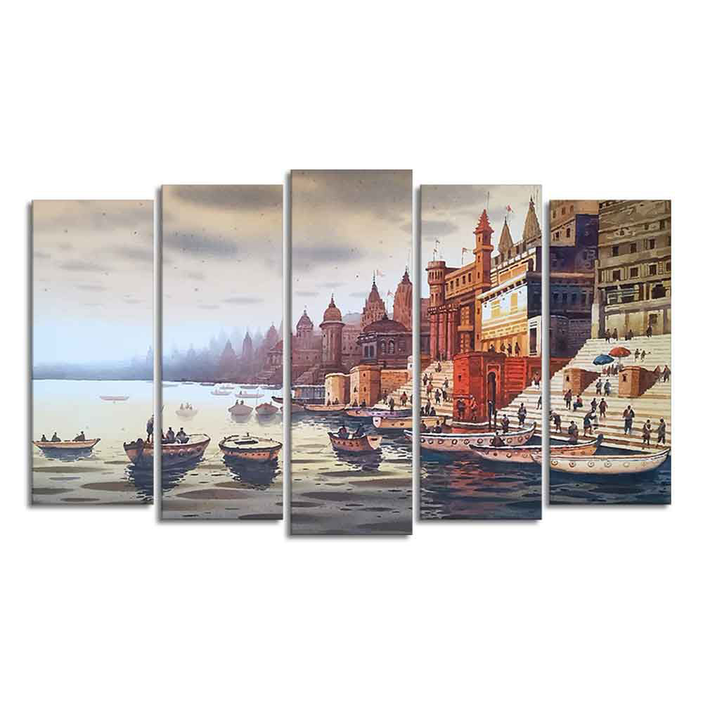 Beautiful Ganga Ghat Canvas Wall Painting of Five Pieces