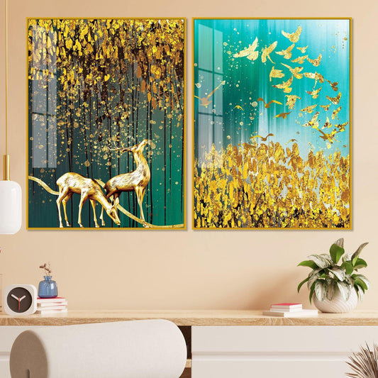 Beautiful Golden Birds and Deer Acrylic Floating Wall Painting Set Of 2 - Decor Smart