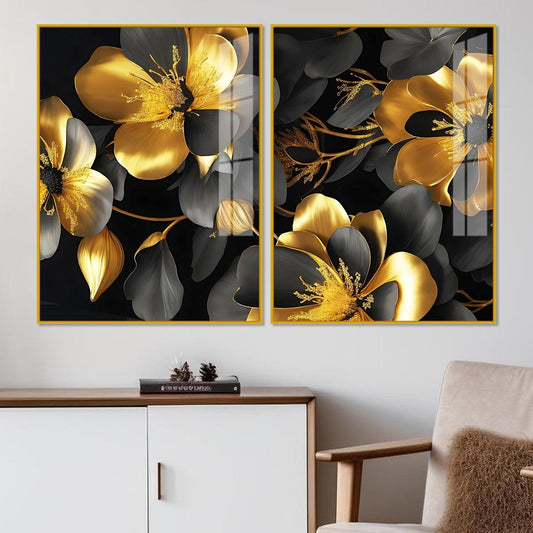Beautiful Golden Flower Premium Acrylic Floating Wall Painting Set Of 2 - Decor Smart