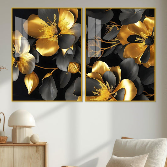 Beautiful Golden Flower Premium Acrylic Floating Wall Painting Set Of 2 - Decor Smart