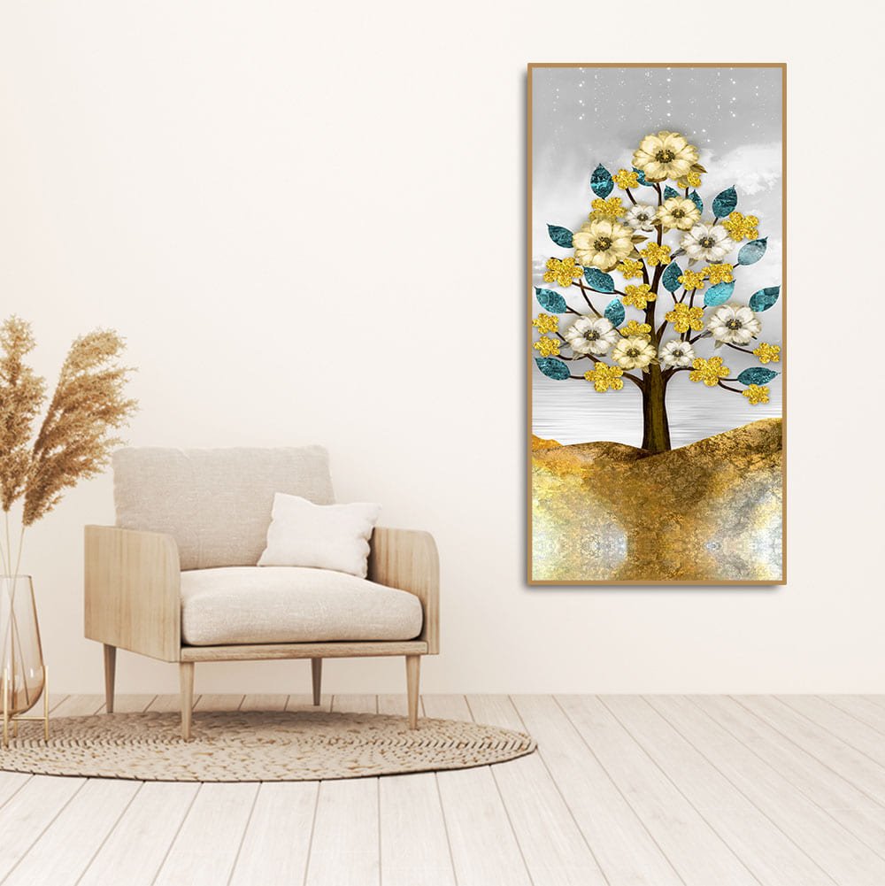 Beautiful Golden Flowers and Turquoise Mountains Canvas Wall Painting - Decor Smart