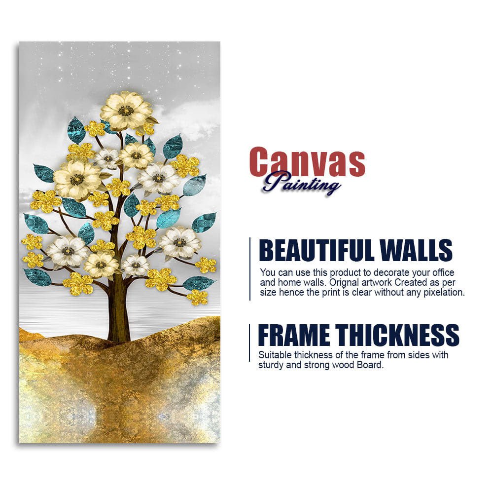Beautiful Golden Flowers and Turquoise Mountains Canvas Wall Painting - Decor Smart