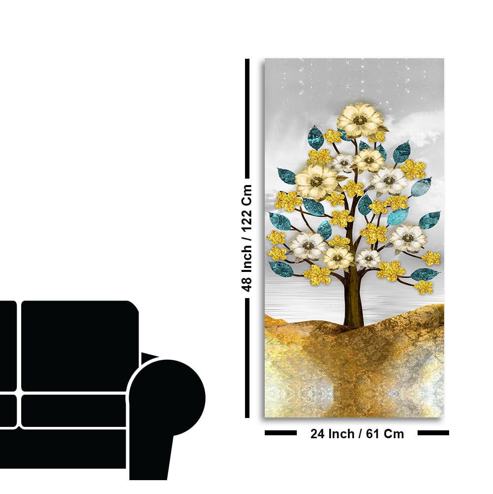 Beautiful Golden Flowers and Turquoise Mountains Canvas Wall Painting - Decor Smart