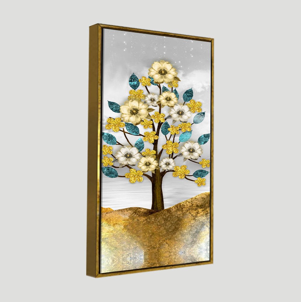Beautiful Golden Flowers and Turquoise Mountains Canvas Wall Painting - Decor Smart