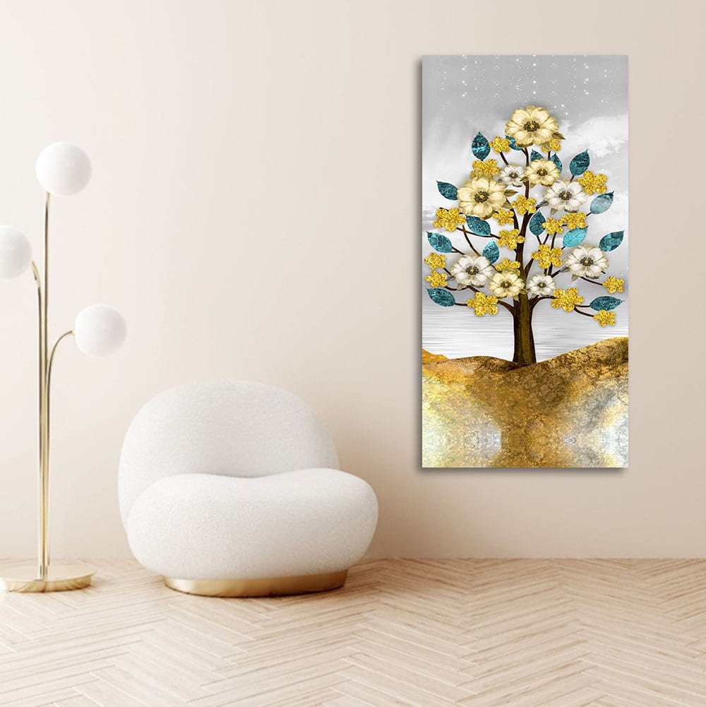 Beautiful Golden Flowers and Turquoise Mountains Canvas Wall Painting - Decor Smart