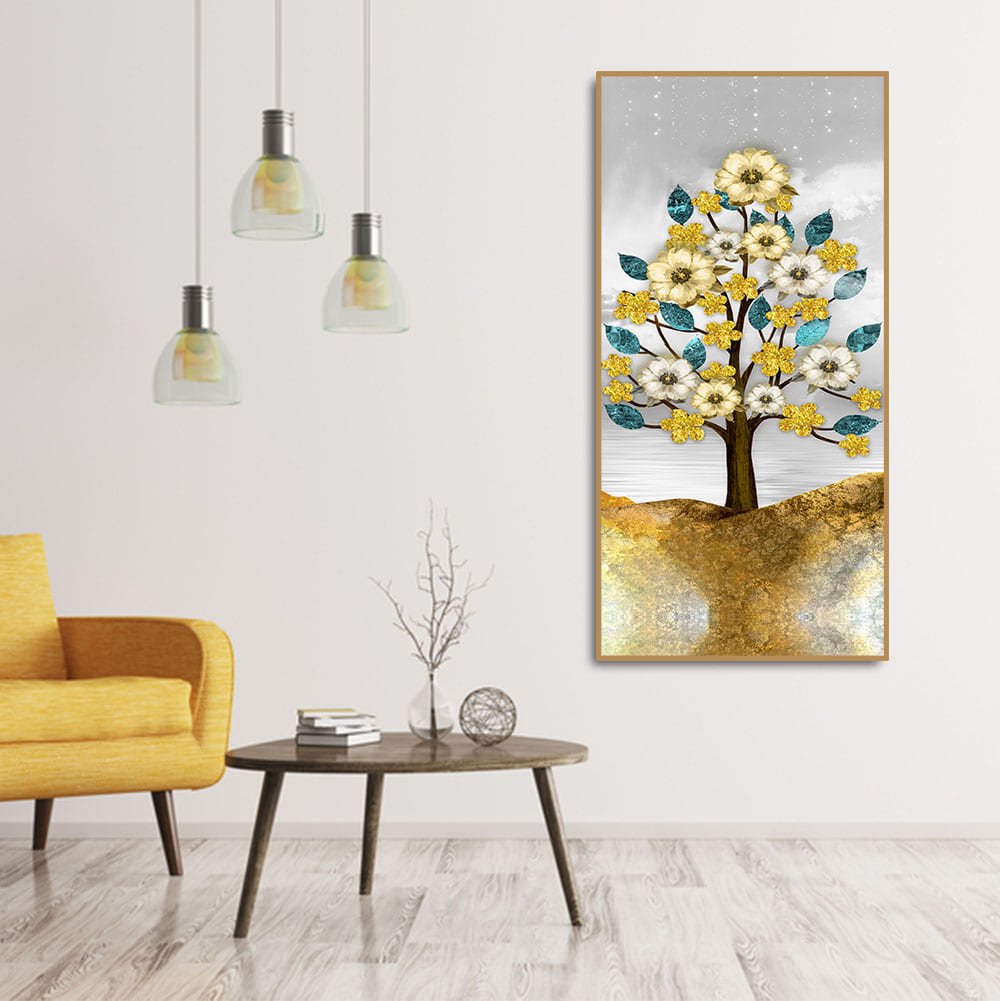Beautiful Golden Flowers and Turquoise Mountains Canvas Wall Painting - Decor Smart