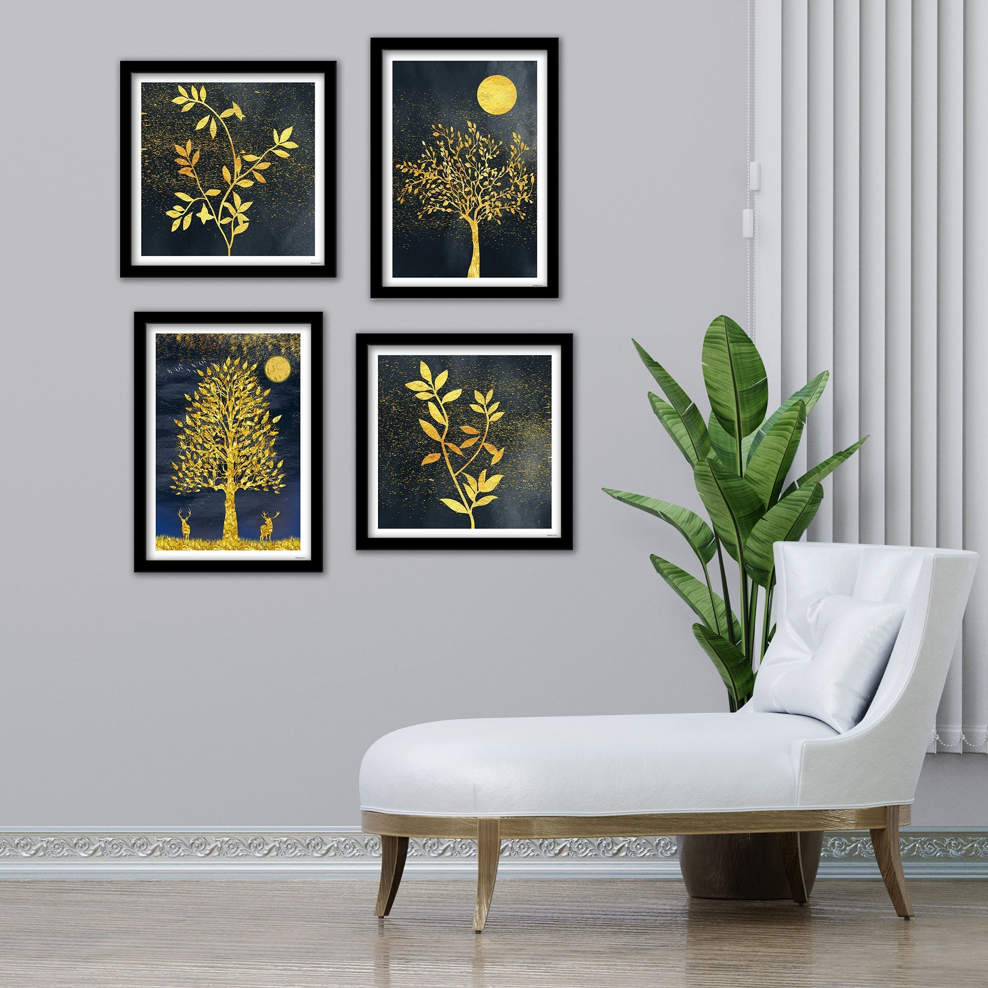 Tea Tree Frames Beautiful Golden Leaf Tree Wall Frame Set of Four – Decor Smart