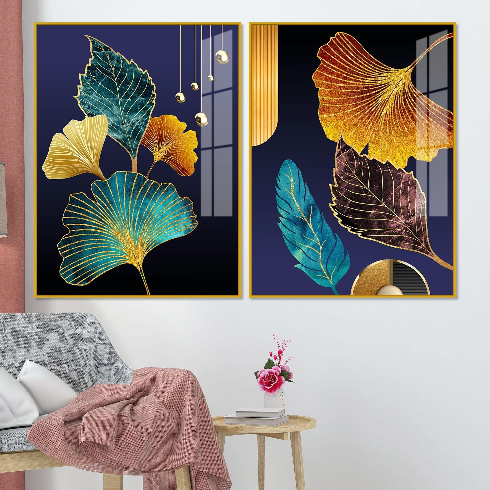 Beautiful Golden Leaves Acrylic Floating Wall Painting Set of 2 - Decor Smart