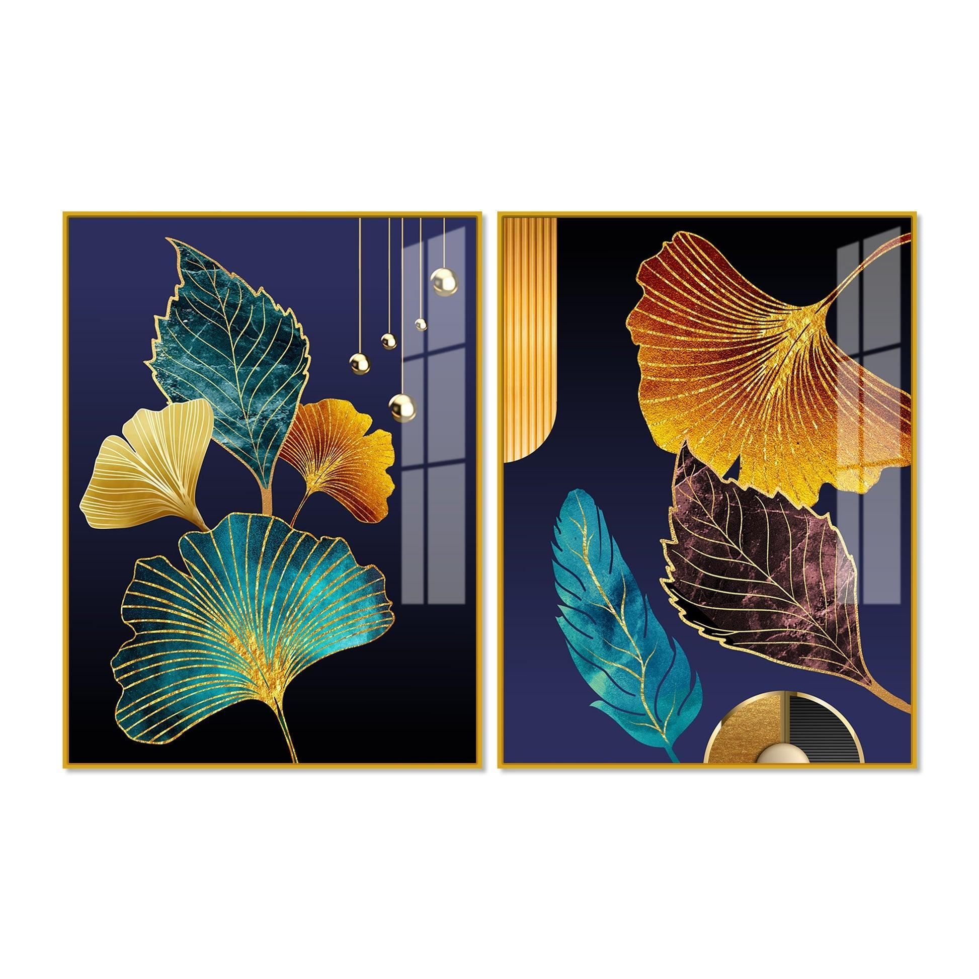 Beautiful Golden Leaves Acrylic Floating Wall Painting Set of 2 - Decor Smart