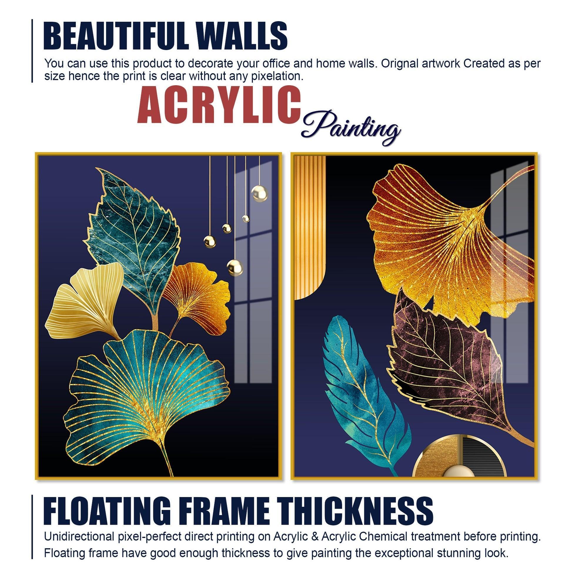 Beautiful Golden Leaves Acrylic Floating Wall Painting Set of 2 - Decor Smart