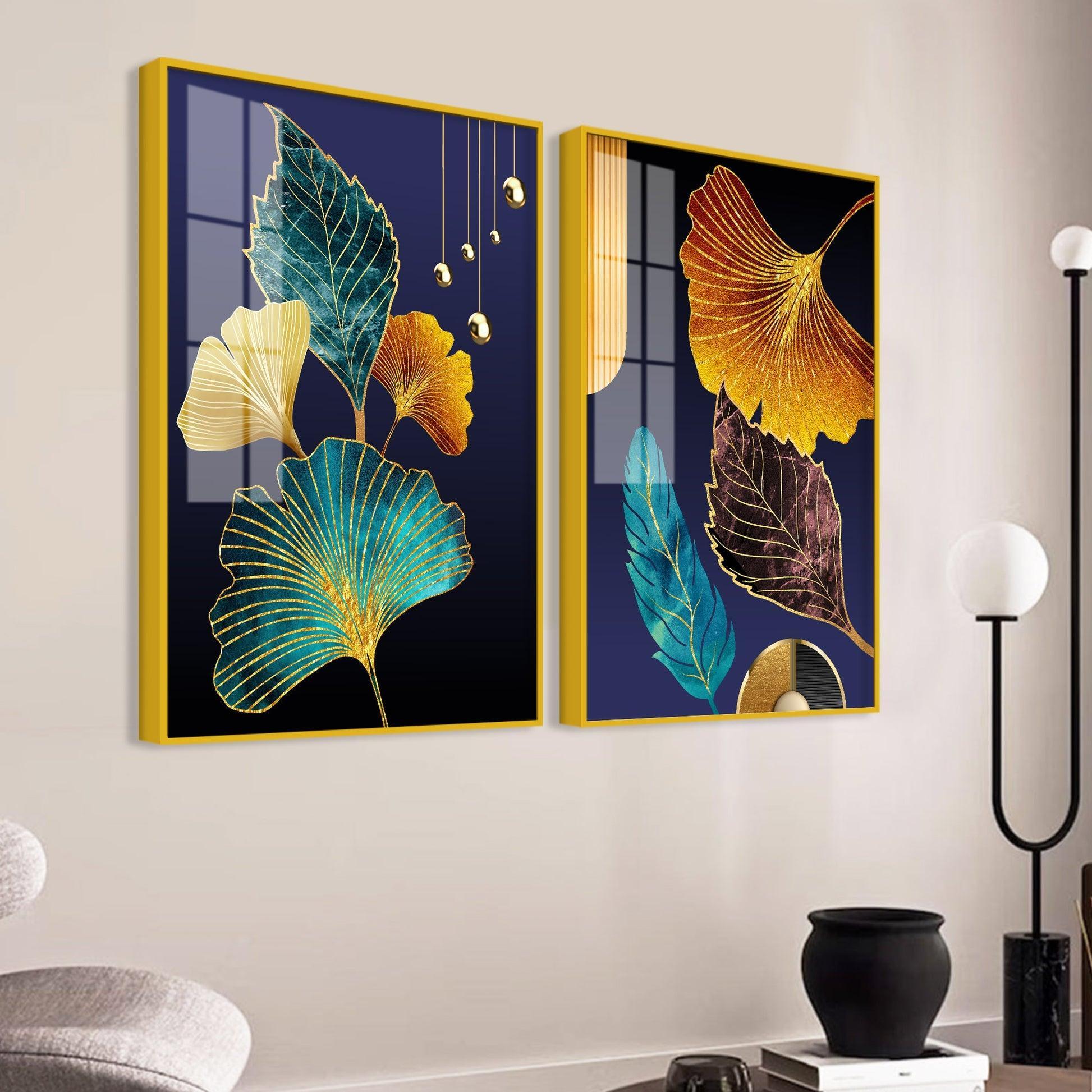 Beautiful Golden Leaves Acrylic Floating Wall Painting Set of 2 - Decor Smart