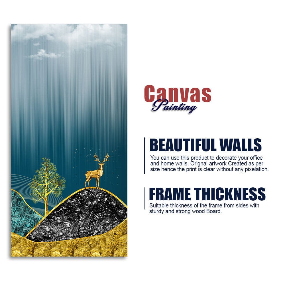 Beautiful Golden Mountains and Deer with Moon Canvas Wall Painting - Decor Smart