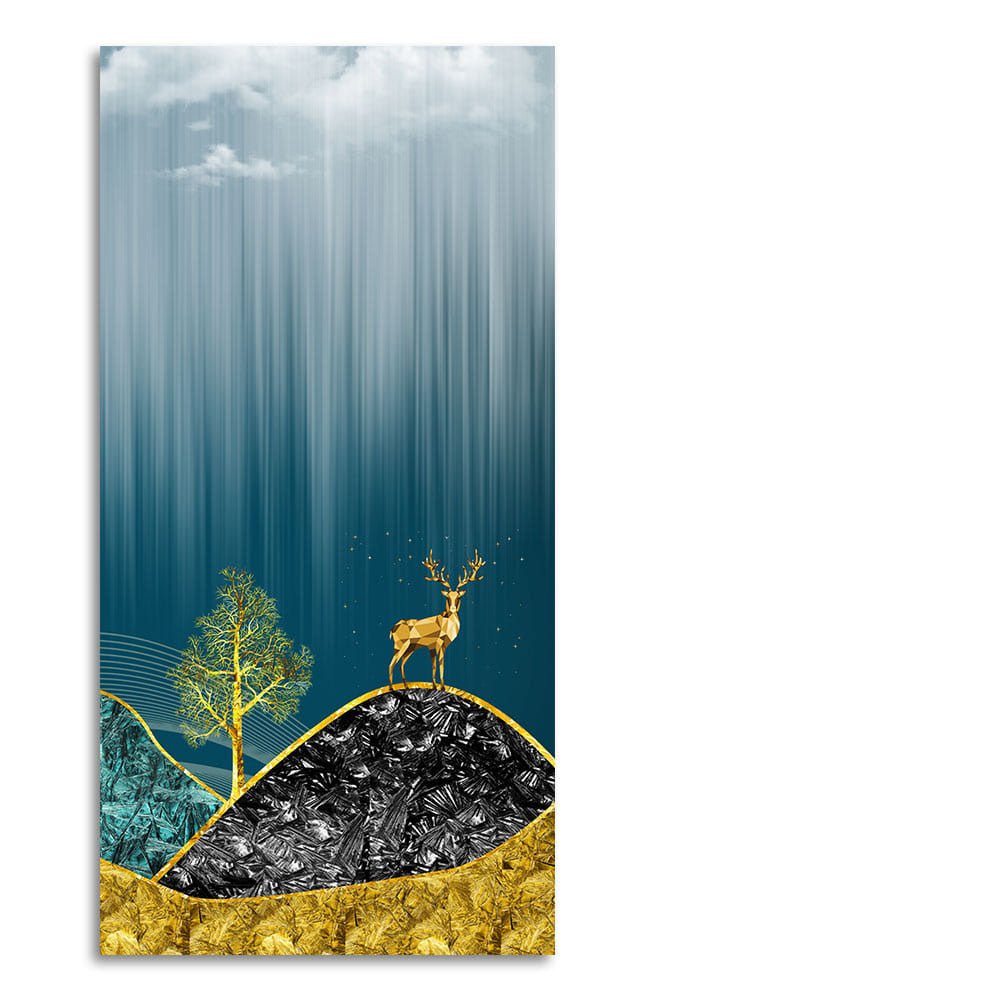 Beautiful Golden Mountains and Deer with Moon Canvas Wall Painting - Decor Smart