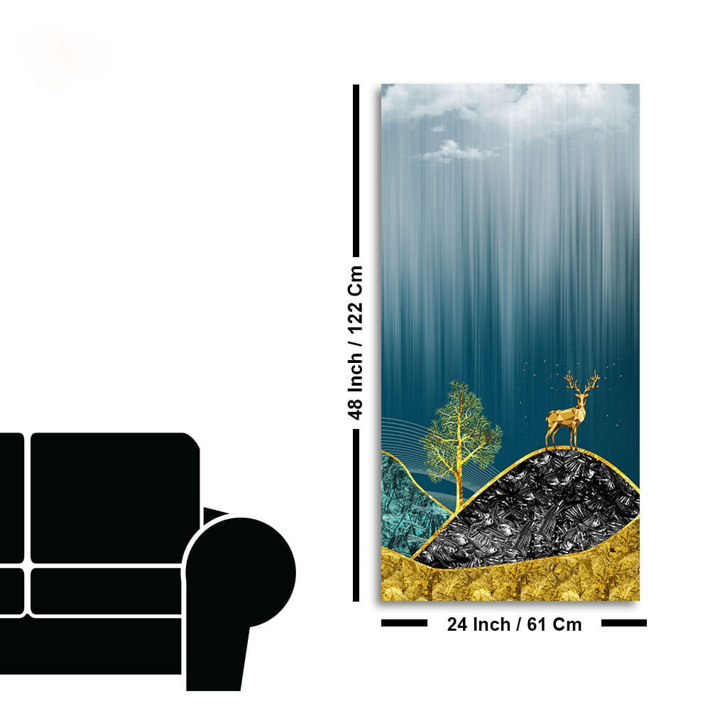 Beautiful Golden Mountains and Deer with Moon Canvas Wall Painting - Decor Smart