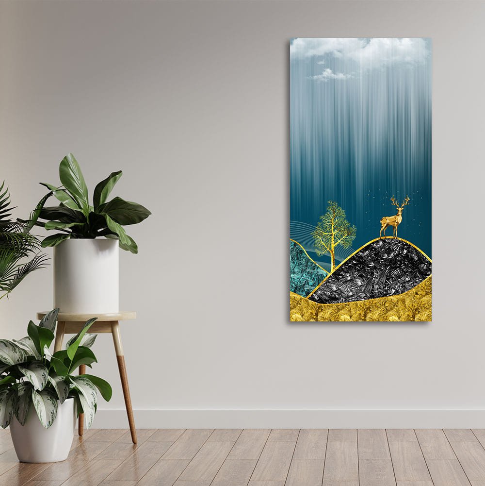 Beautiful Golden Mountains and Deer with Moon Canvas Wall Painting - Decor Smart