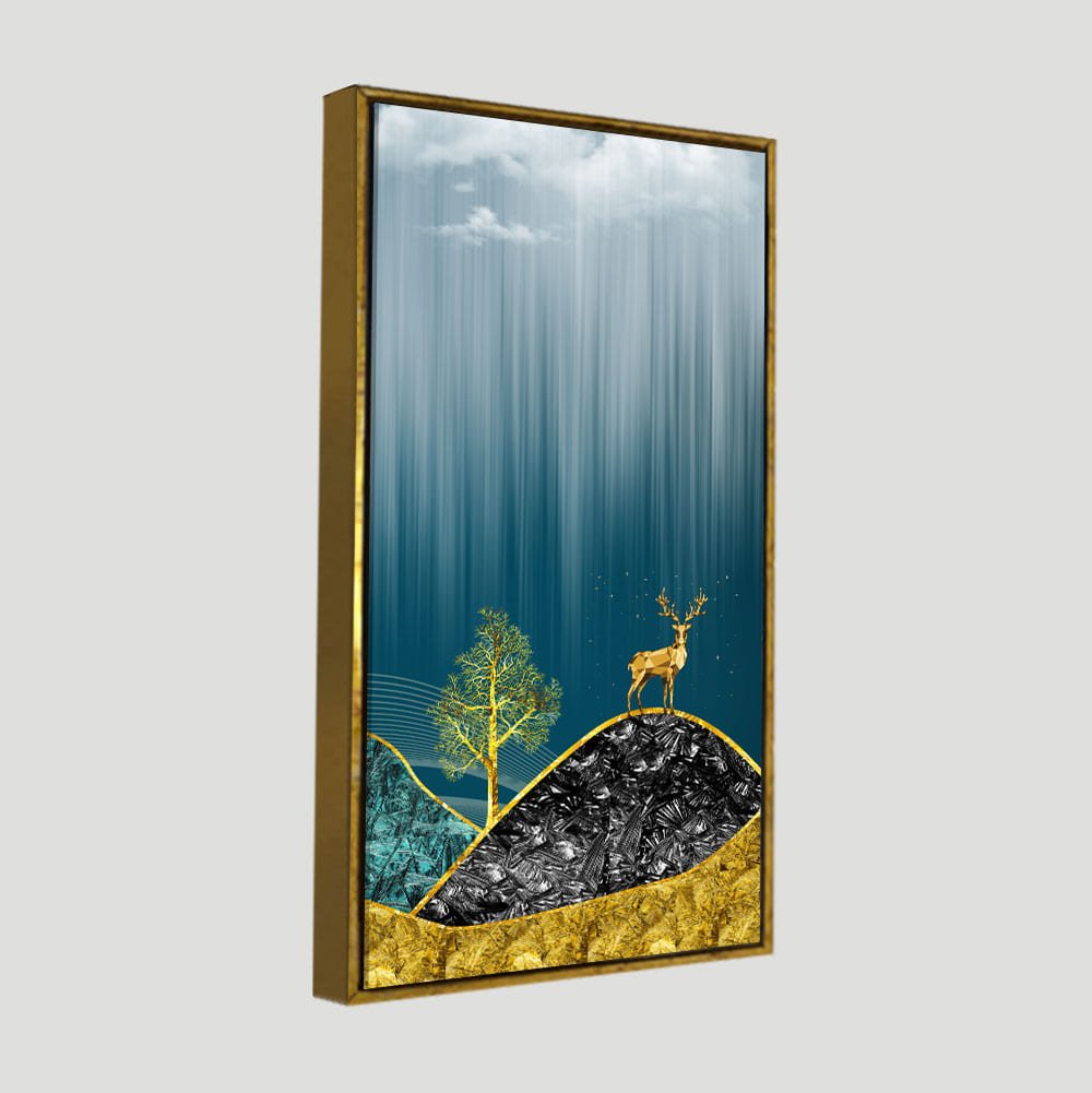 Beautiful Golden Mountains and Deer with Moon Canvas Wall Painting - Decor Smart