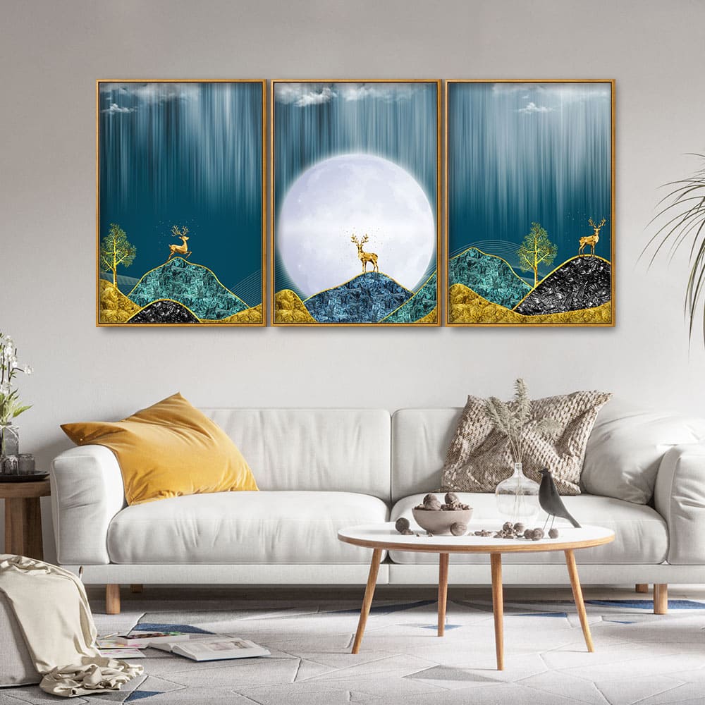 Beautiful Golden Mountains and Deer with Moon Floating Canvas Wall Painting Set of Three - Decor Smart