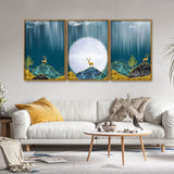 Beautiful Golden Mountains and Deer with Moon Floating Canvas Wall Painting Set of Three - Decor Smart