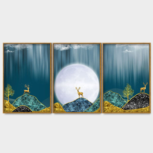 Beautiful Golden Mountains and Deer with Moon Floating Canvas Wall Painting Set of Three - Decor Smart