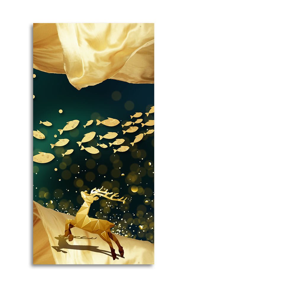 Beautiful Golden Running Deer with Fish Premium Canvas Wall Painting - Decor Smart