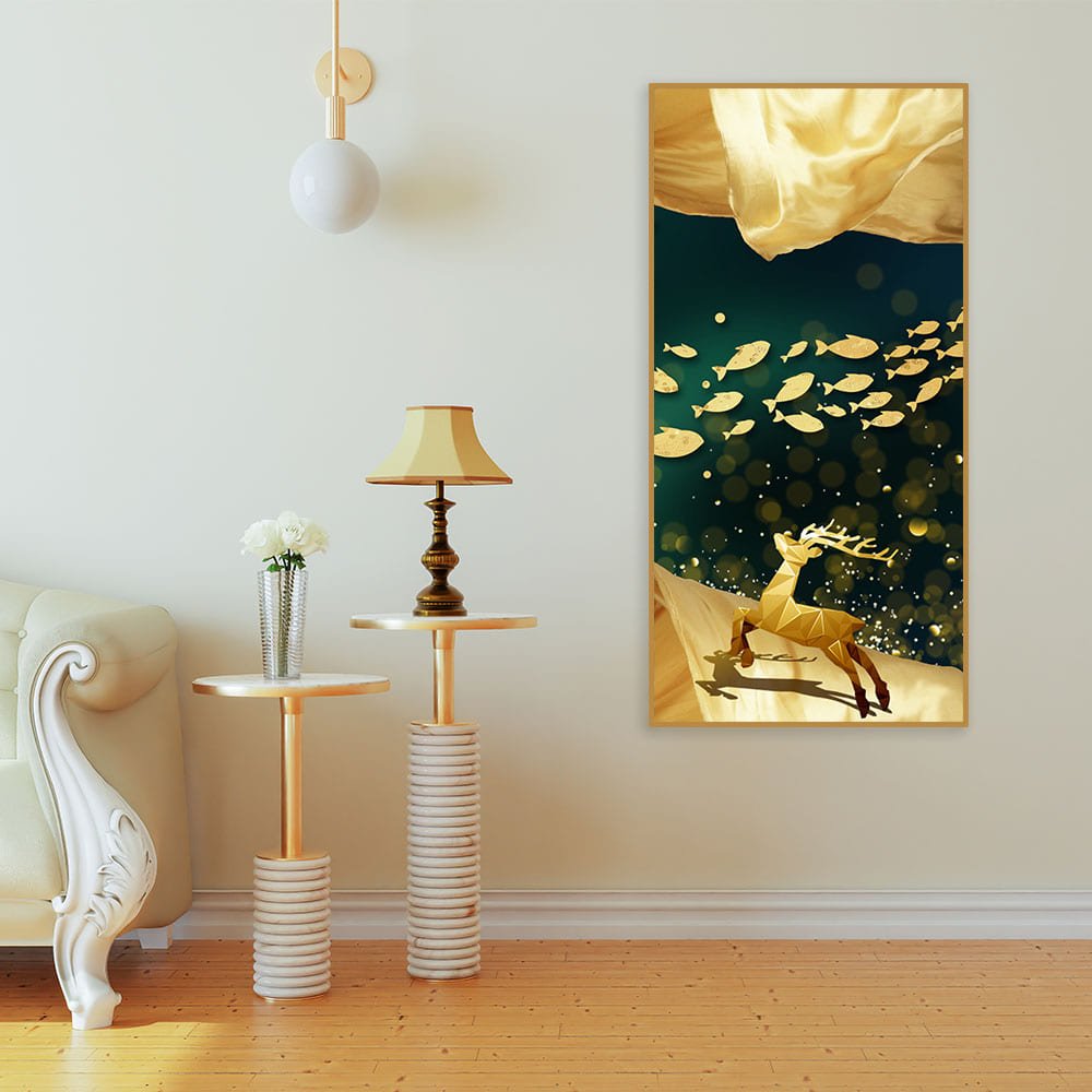 Beautiful Golden Running Deer with Fish Premium Canvas Wall Painting - Decor Smart