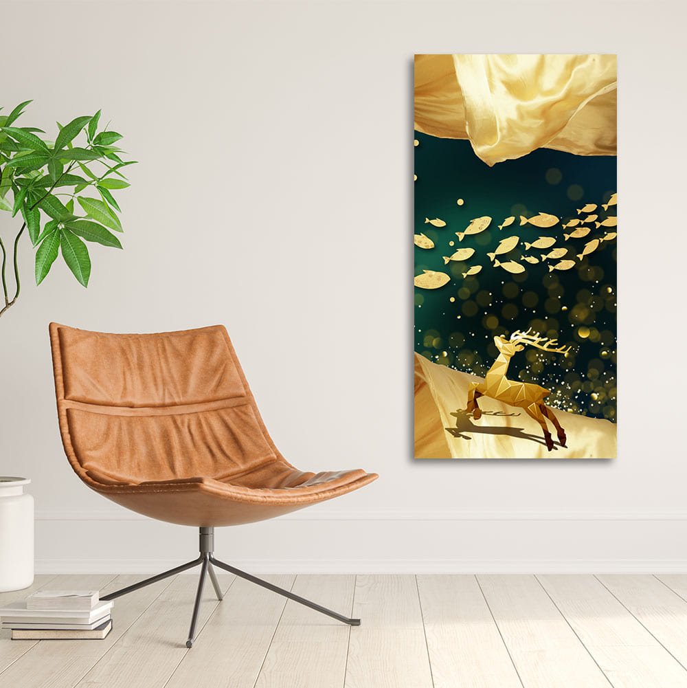 Beautiful Golden Running Deer with Fish Premium Canvas Wall Painting - Decor Smart