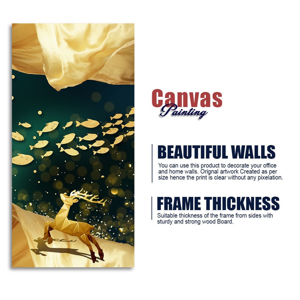 Beautiful Golden Running Deer with Fish Premium Canvas Wall Painting - Decor Smart