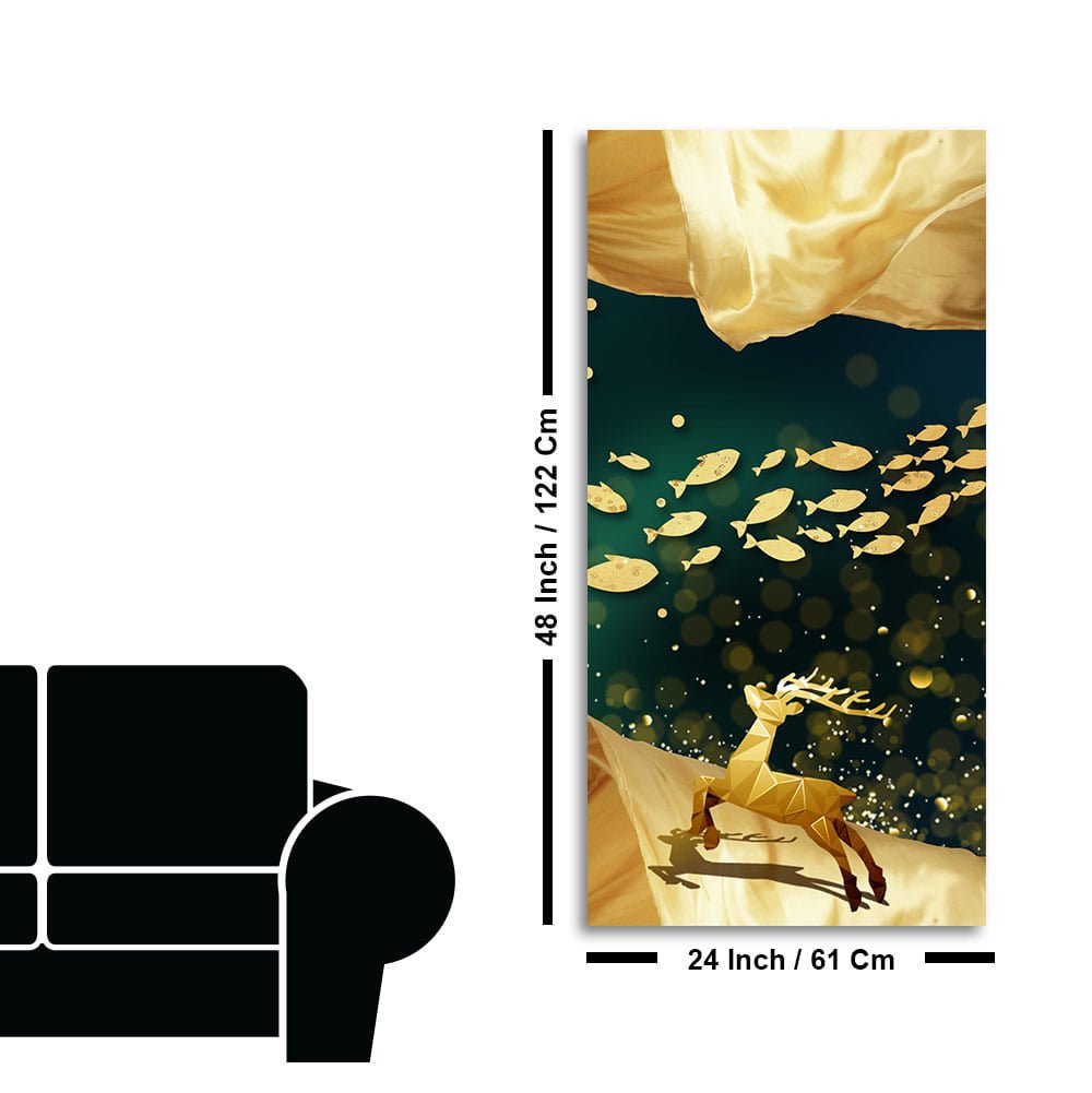 Beautiful Golden Running Deer with Fish Premium Canvas Wall Painting - Decor Smart
