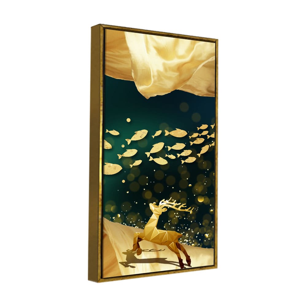 Beautiful Golden Running Deer with Fish Premium Canvas Wall Painting - Decor Smart