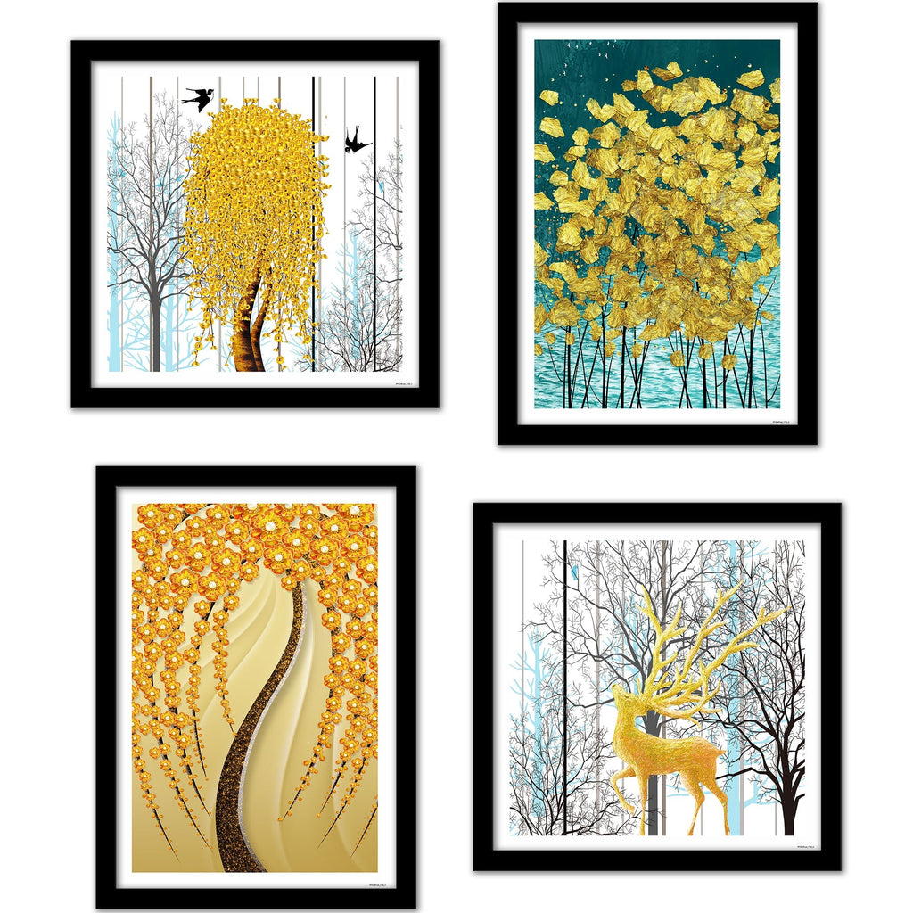 Beautiful Golden Textured Flower Art Wall Frame Set of Four