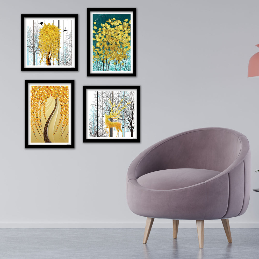 Beautiful Golden Textured Flower Art Wall Frame Set of Four