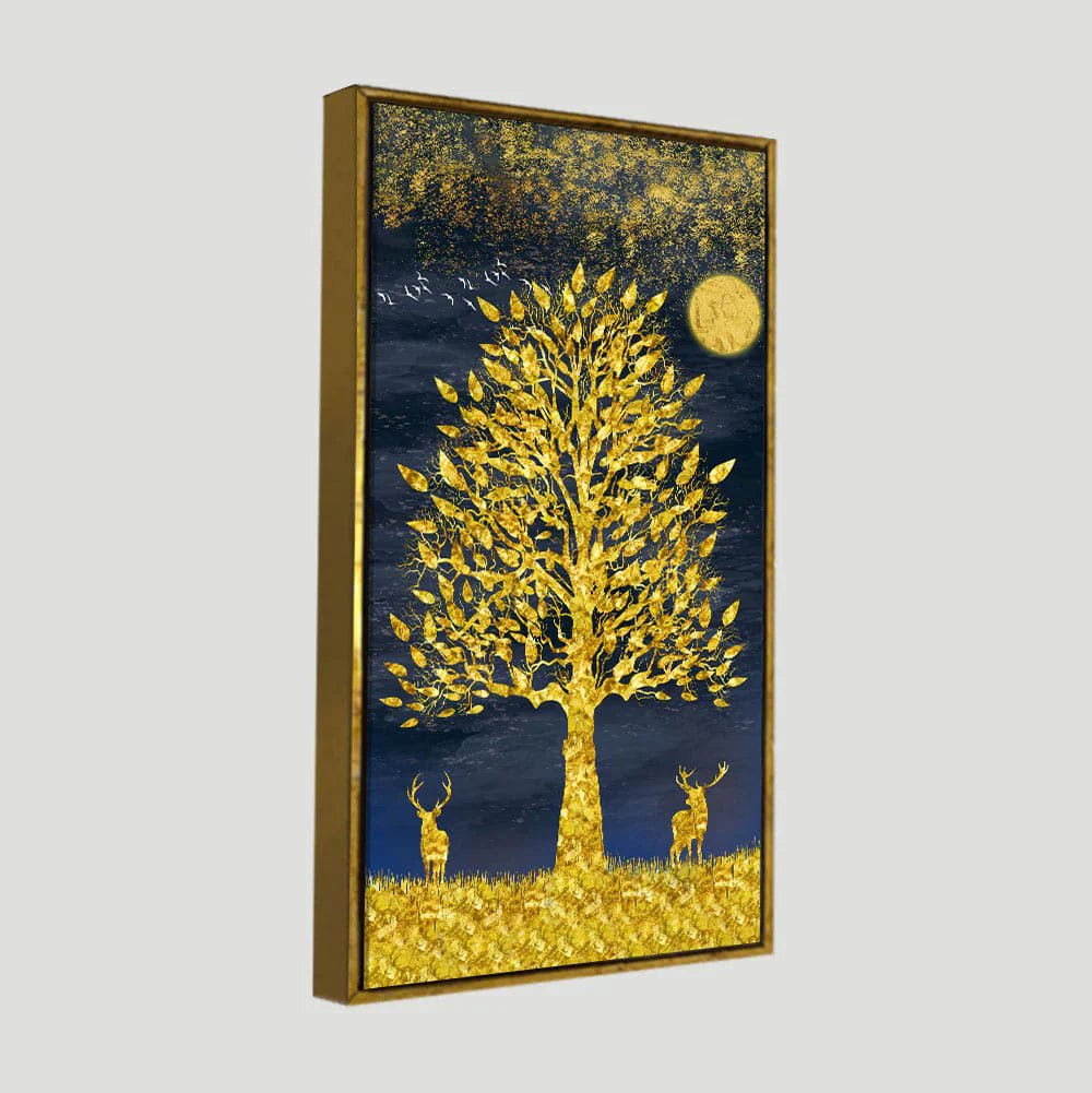 Beautiful Golden Tree and Moon with Deers Premium Canvas Wall Painting - Decor Smart