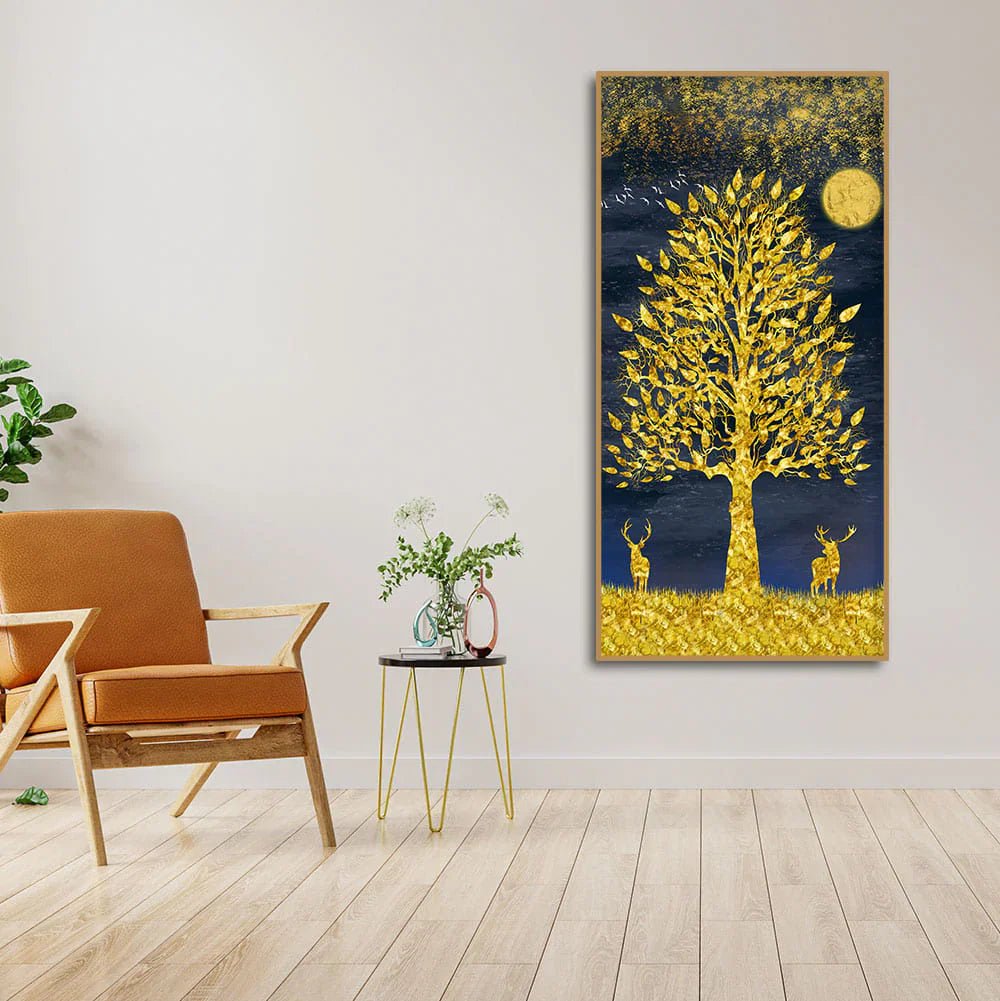 Beautiful Golden Tree and Moon with Deers Premium Canvas Wall Painting - Decor Smart
