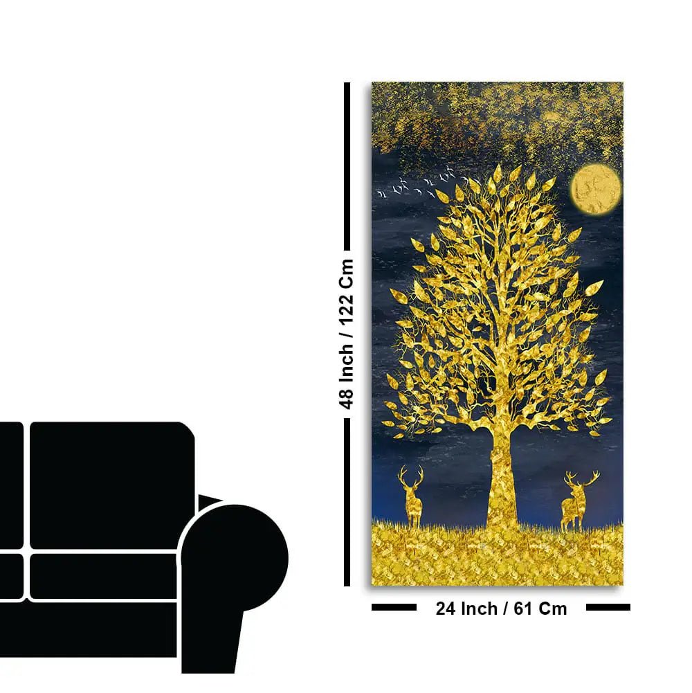 Beautiful Golden Tree and Moon with Deers Premium Canvas Wall Painting - Decor Smart