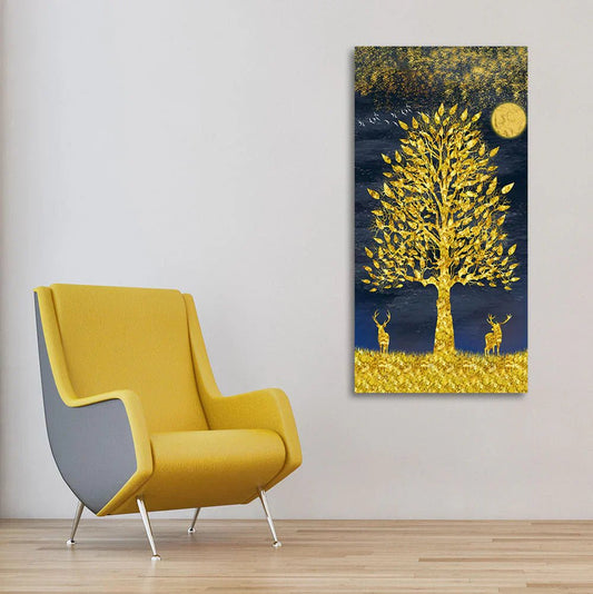 Beautiful Golden Tree and Moon with Deers Premium Canvas Wall Painting - Decor Smart
