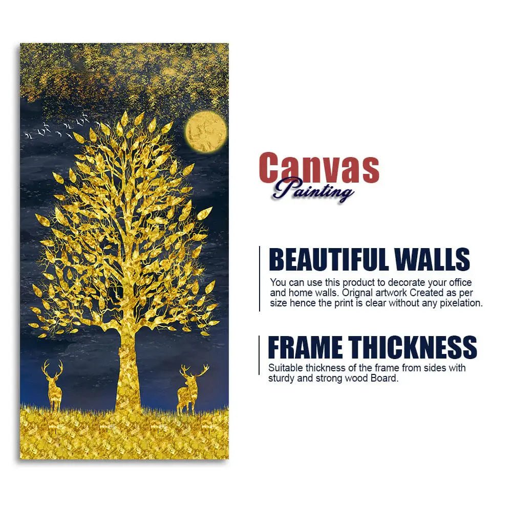 Beautiful Golden Tree and Moon with Deers Premium Canvas Wall Painting - Decor Smart