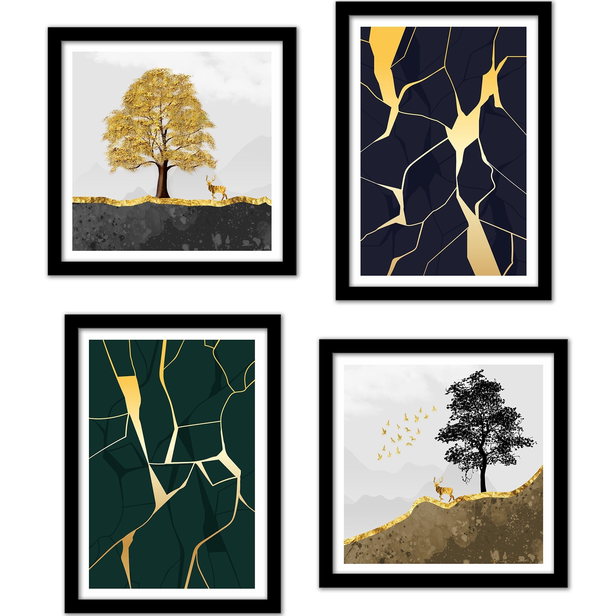 Beautiful Golden Tree with Deer Scenery Wall Frame Set of Four