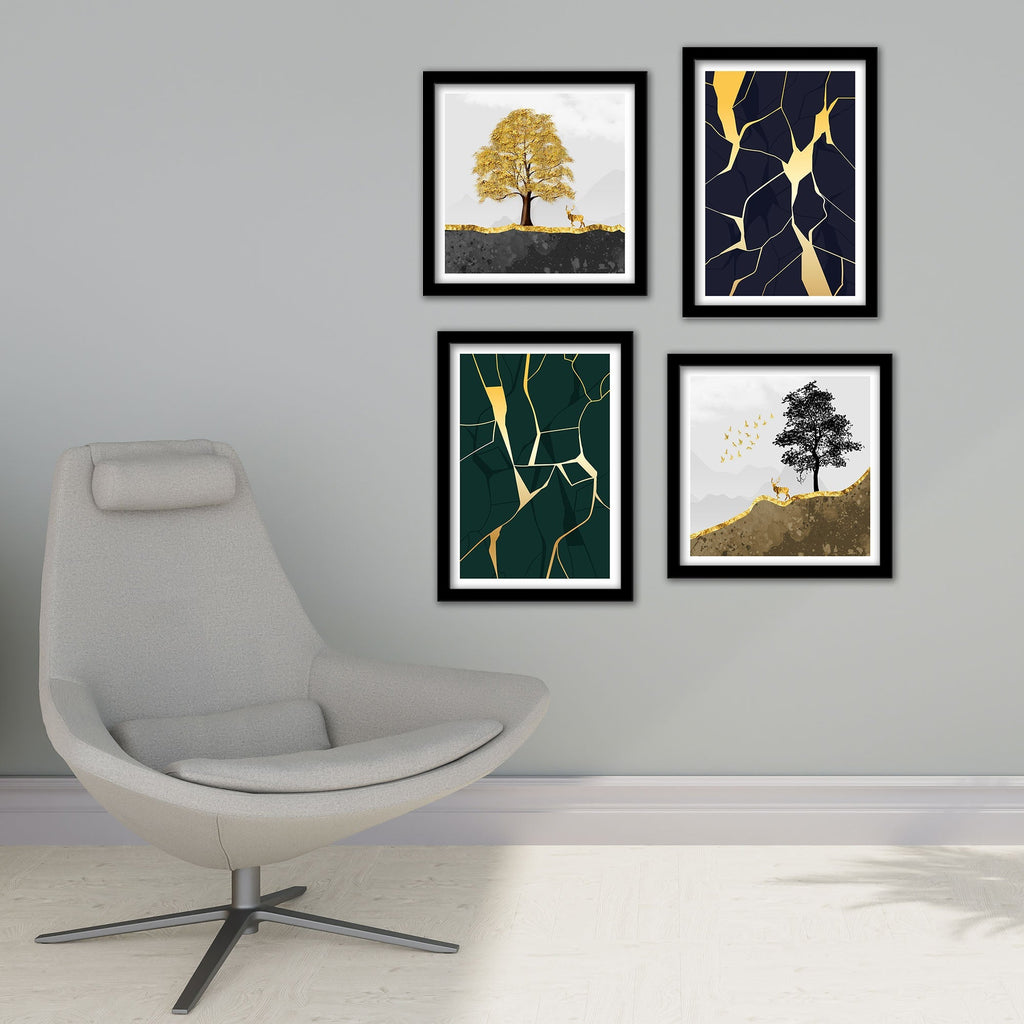 Beautiful Golden Tree with Deer Scenery Wall Frame Set of Four
