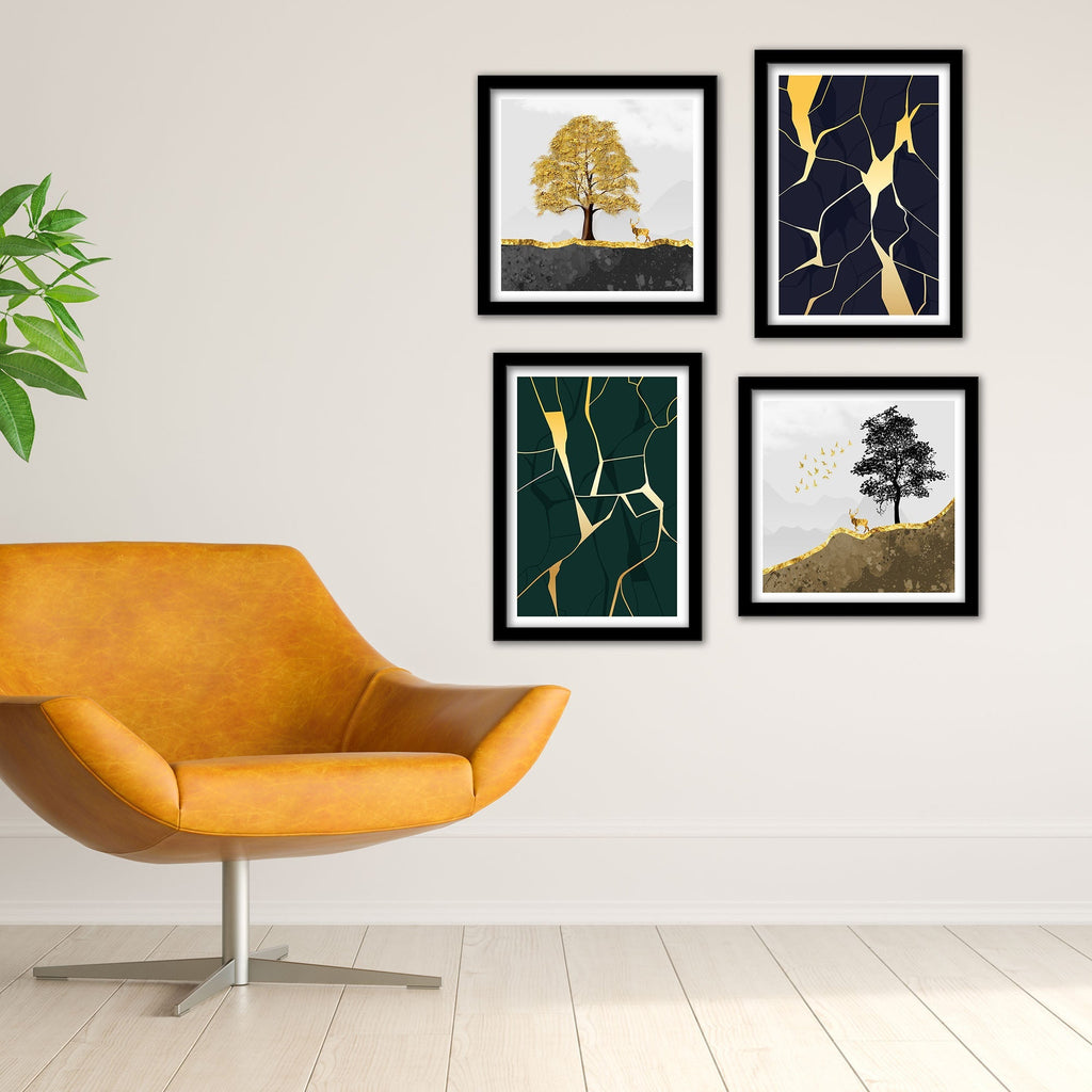 Beautiful Golden Tree with Deer Scenery Wall Frame Set of Four