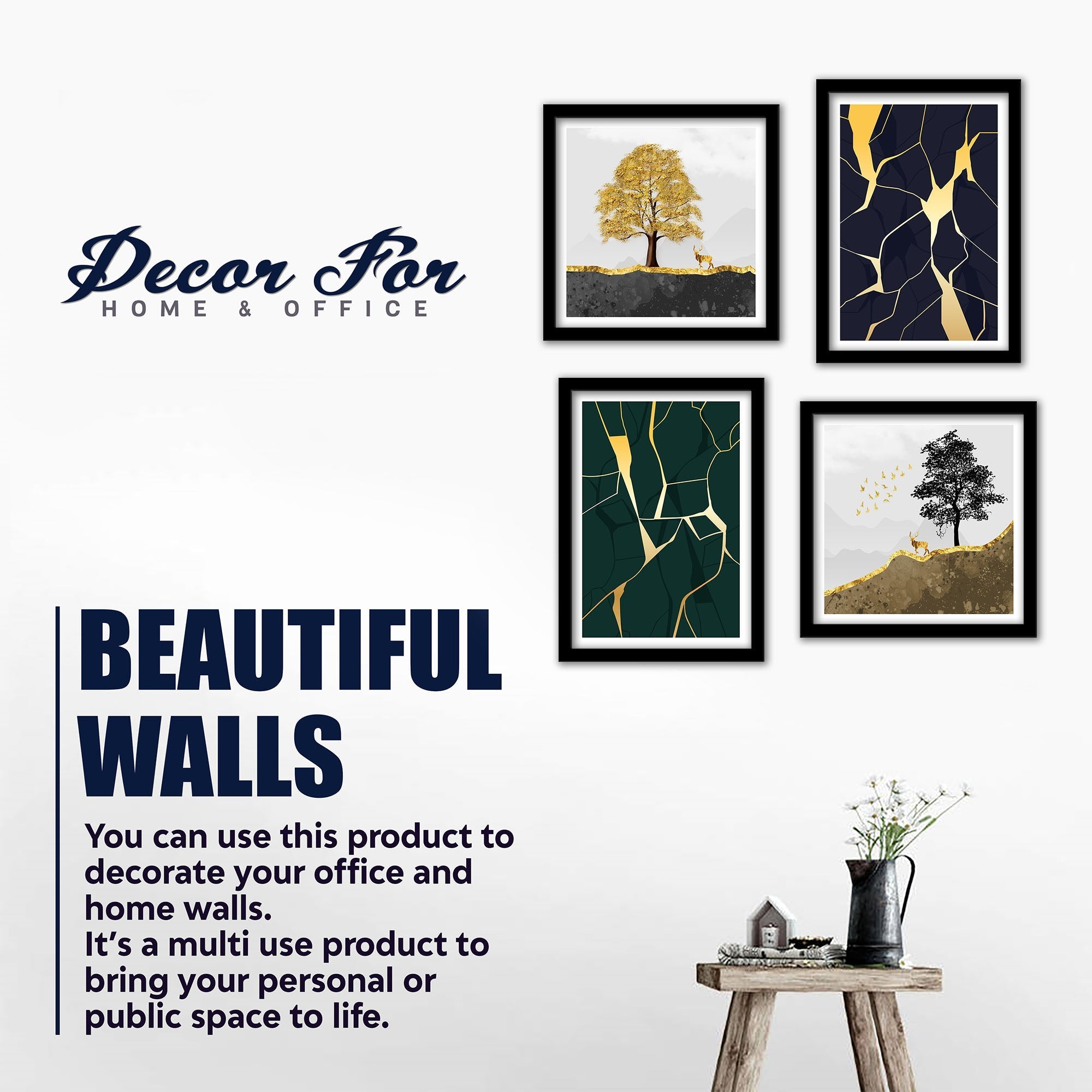 Beautiful Golden Tree with Deer Scenery Wall Frame Set of Four