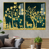 Beautiful Golden Trees with Deer Premium Acrylic Floating Wall Painting Set Of 2 - Decor Smart