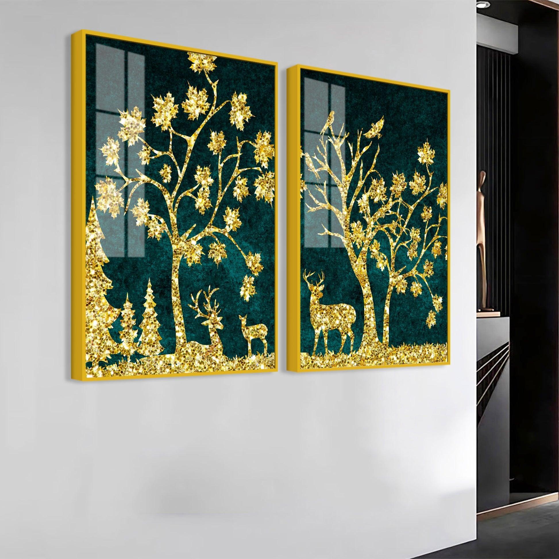 Beautiful Golden Trees with Deer Premium Acrylic Floating Wall Painting Set Of 2 - Decor Smart