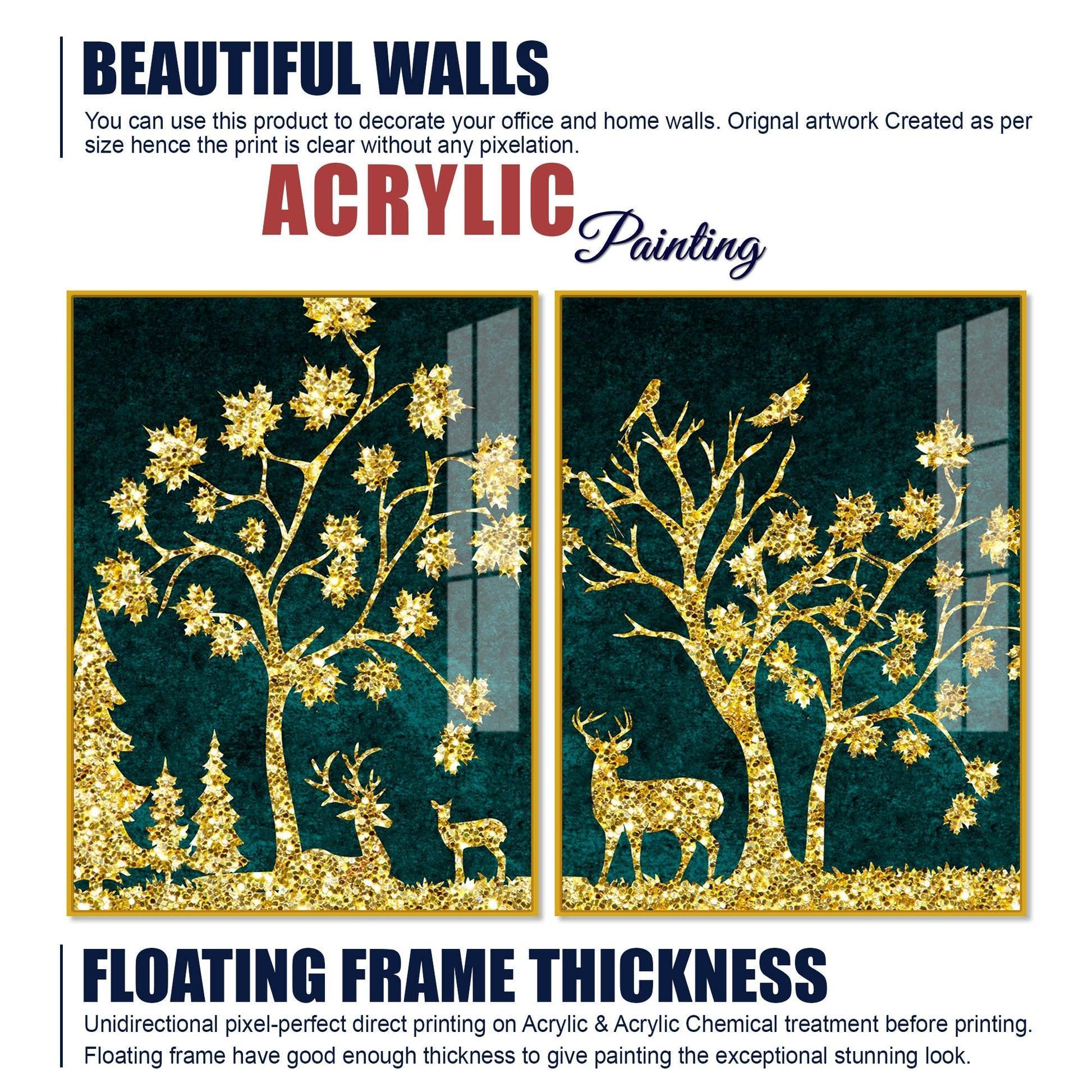 Beautiful Golden Trees with Deer Premium Acrylic Floating Wall Painting Set Of 2 - Decor Smart