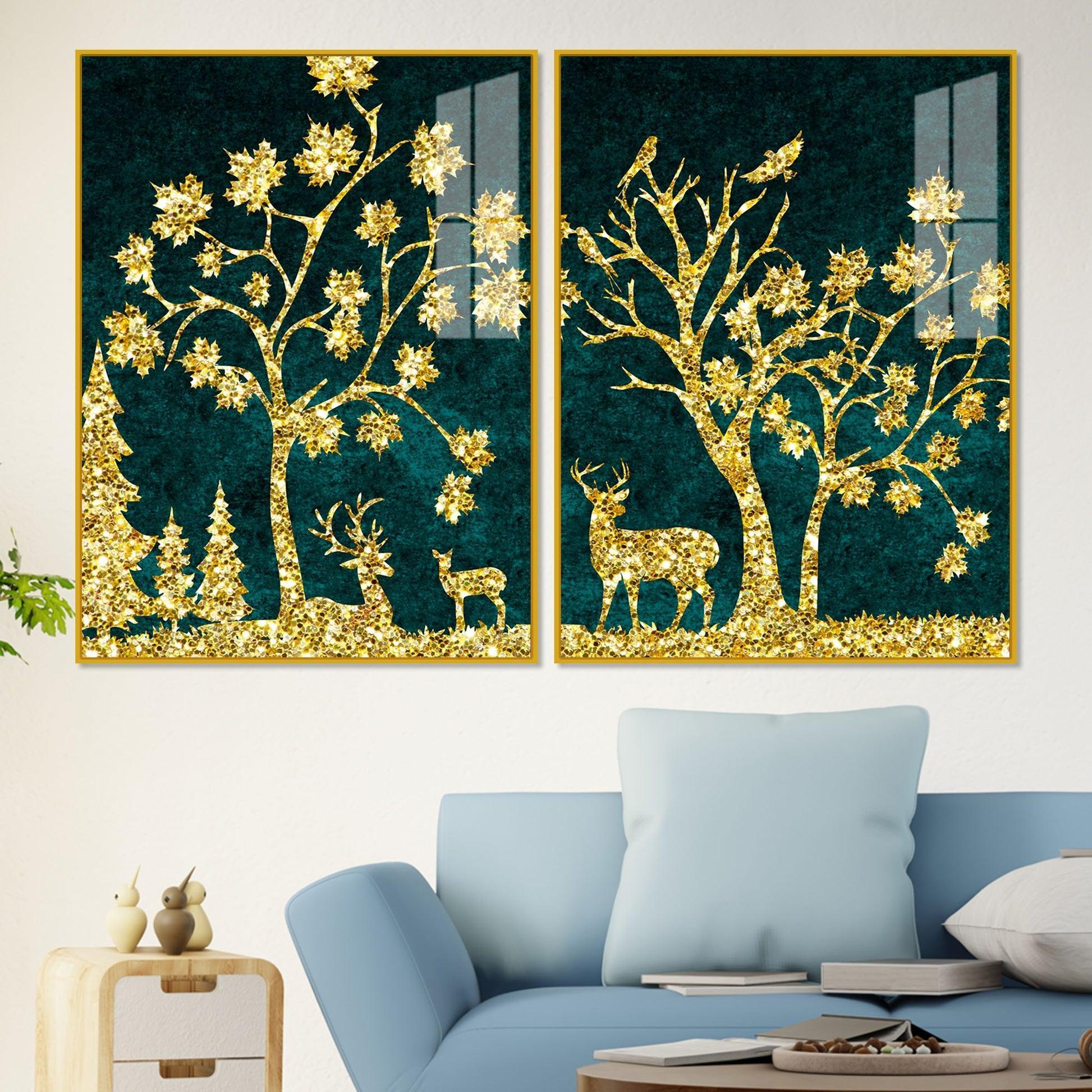 Beautiful Golden Trees with Deer Premium Acrylic Floating Wall Painting Set Of 2 - Decor Smart
