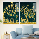 Beautiful Golden Trees with Deer Premium Acrylic Floating Wall Painting Set Of 2 - Decor Smart