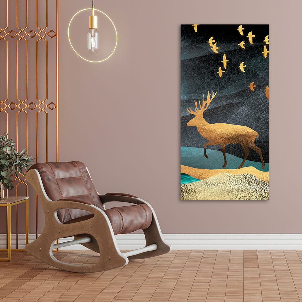 Beautiful Golden Walking Deer Premium Canvas Wall Painting - Decor Smart