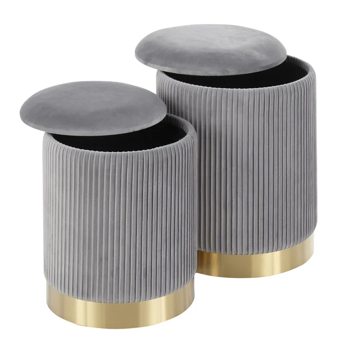 Beautiful Grey Color Velvet Round Storage Ottoman with Storage Set of 2